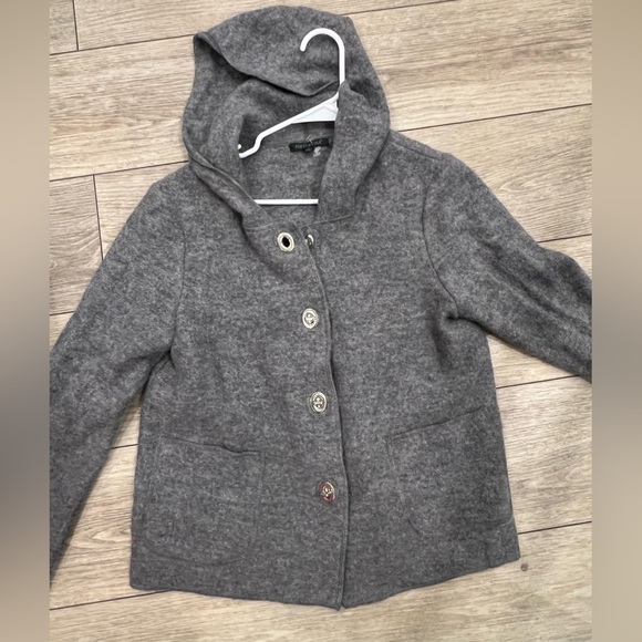 For Cynthia Medium Gray 100% WOOL Hooded Pea Coat - Picture 2 of 10